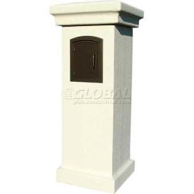 Manchester Stucco Locking Column Mailbox in Sandstone w/Decorative Scroll Door in Bronze STUCOL-1401-SS-BZ