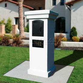 Manchester Stucco Locking Column Mailbox Slate Gray w/Decorative Fleur De Lis Door Antique Copper STUCOL-1402-GY-AC