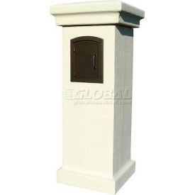 Manchester Stucco Locking Column Mailbox in Sandstone w/Decorative Fleur De Lis Door in Bronze STUCOL-1402-SS-BZ