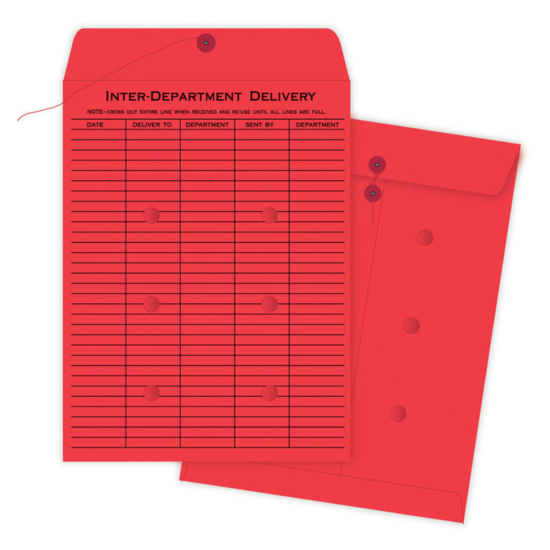 Quality Park Interdepartment Envelopes, 10in x 13in, 1-Sided Narrow Rule, Button & String Closure, Red, Box Of 100 MPN:63574