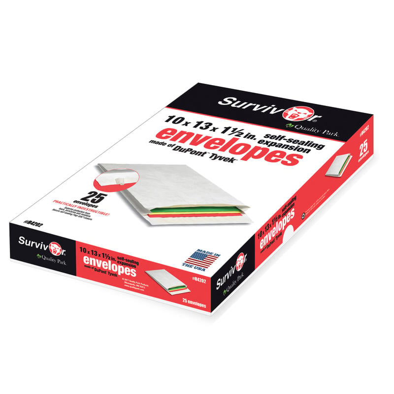 Quality Park Tyvek Expansion Envelopes, 10in x 13in x 1 1/2in, 14 Lb, White, Box Of 25 MPN:R4202
