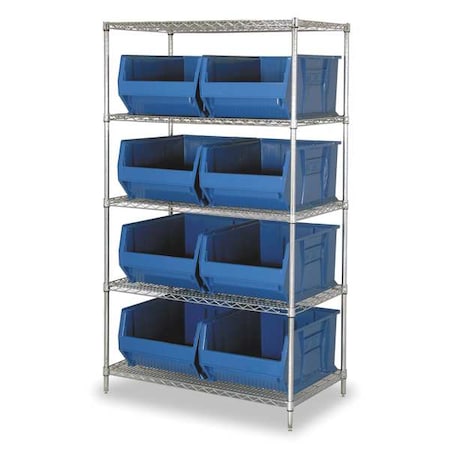 Chrome Wire Bin Shelving, 42 in W x 74 in H x 30 in D, 5 Shelves, Silver/Blue MPN:WR5-975BL