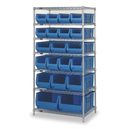 Steel, Polypropylene Bin Shelving, 24 in D x 74 in H x 36 in W, 7 Shelves, Blue MPN:WR7-20-MIXBL