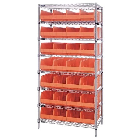 Steel, Polypropylene Bin Shelving, 12 in D x 75 in H x 36 in W, 8 Shelves, Orange MPN:WR8-423OR
