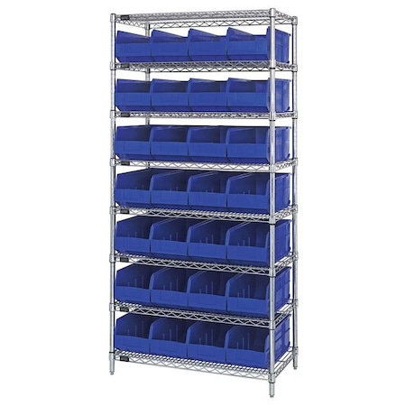 Steel, Polypropylene Bin Shelving, 21 in D x 74 in H x 36 in W, 8 Shelves, Blue MPN:WR8-483BL
