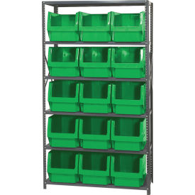 Quantum MSU-533 Steel Shelving With 15 Magnum Giant Hopper Bins Green 18x42x75 MSU-533GN