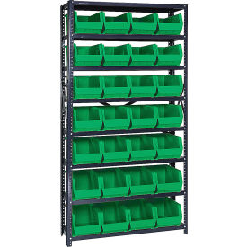 Quantum QSBU-240 Steel Shelving With 28 Giant Stacking Bins Green 12x36x75 QSBU-240GN