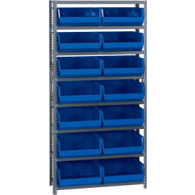Quantum QSBU-250 Steel Shelving With 14 Giant Stacking Bins Blue 12x36x75 QSBU-250BL