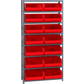 Quantum QSBU-250 Steel Shelving With 14 Giant Stacking Bins Red 12x36x75 QSBU-250RD