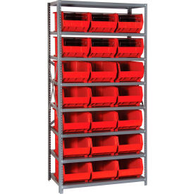 Quantum QSBU-255 Steel Shelving With 21 Giant Stacking Bins Red 18x36x75 QSBU-255RD