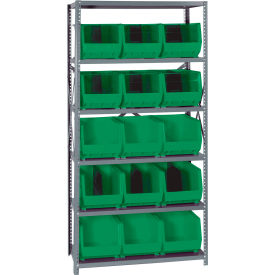 Quantum QSBU-260 Steel Shelving With 15 Giant Stacking Bins Green 18x36x75 QSBU-260GN