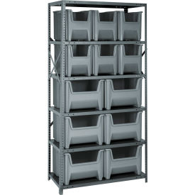 Quantum QSBU-600800 Shelving With 12 Giant Hopper Bins Gray 36x18x75 QSBU-600800GY