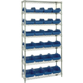 Quantum W7-12-24 Chrome Wire Shelving With 24 QuickPick Double Open Bins Blue 18x36x74 W7-12-24BL