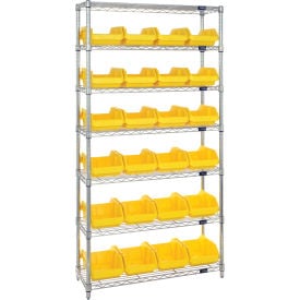 Quantum W7-12-24 Chrome Wire Shelving With 24 QuickPick Double Open Bins Yellow 18x36x74 W7-12-24YL