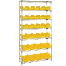 Quantum W7-12-28 Chrome Wire Shelving With 28 QuickPick Double Open Bins Yellow 18x36x74 W7-12-28YL