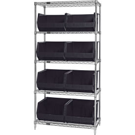 Quantum WR5-270 Chrome Wire Shelving With 8 Giant Plastic Stacking Bins Black 36x18x74 WR5-270BK