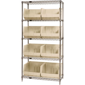 Quantum WR5-270 Chrome Wire Shelving With 8 Giant Plastic Stacking Bins Ivory 36x18x74 WR5-270IV