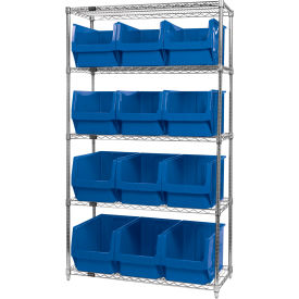 Quantum WR5-533 Chrome Shelving With 12 Magnum Giant Hopper Bins Blue 18x42x74 WR5-533BL