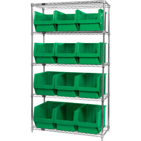 Quantum WR5-533 Chrome Shelving With 12 Magnum Giant Hopper Bins Green 18x42x74 WR5-533GN