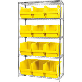 Quantum WR5-533 Chrome Shelving With 12 Magnum Giant Hopper Bins Yellow 18x42x74 WR5-533YL