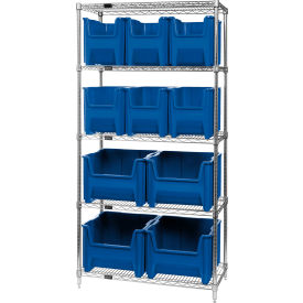 Quantum WR5-600800 Chrome Wire Shelving With 10 Giant Hopper Bins Blue 18x36x74 WR5-600800BL