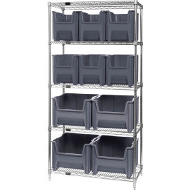 Quantum WR5-600800 Chrome Wire Shelving With 10 Giant Hopper Bins Gray 18x36x74 WR5-600800GY