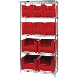 Quantum WR5-600800 Chrome Wire Shelving With 10 Giant Hopper Bins Red 18x36x74 WR5-600800RD