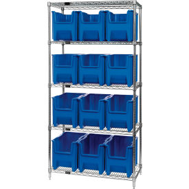 Quantum WR5-600 Chrome Wire Shelving With 12 Giant Hopper Bins Blue 18x36x74 WR5-600BL
