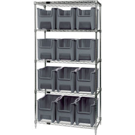 Quantum WR5-600 Chrome Wire Shelving With 12 Giant Hopper Bins Gray 18x36x74 WR5-600GY