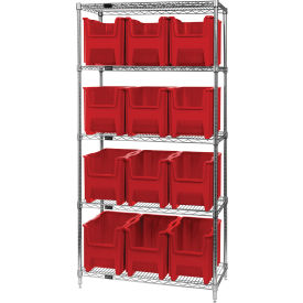 Quantum WR5-600 Chrome Wire Shelving With 12 Giant Hopper Bins Red 18x36x74 WR5-600RD
