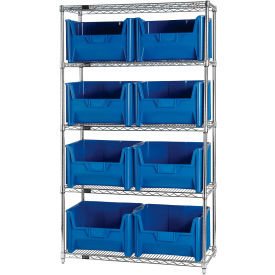 Quantum WR5-700 Chrome Wire Shelving With 8 Giant Hopper Bins Blue 18x42x74 WR5-700BL