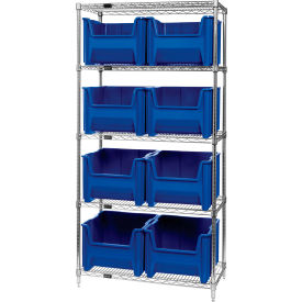 Quantum WR5-800 Chrome Wire Shelving With 8 Giant Hopper Bins Blue 18x36x74 WR5-800BL
