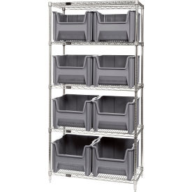 Quantum WR5-800 Chrome Wire Shelving With 8 Giant Hopper Bins Gray 18x36x74 WR5-800GY