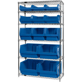 Quantum WR6-13-MIX Chrome Shelving With 13 Magnum Giant Hopper Bins Blue 18x42x74 WR6-13-MIXBL