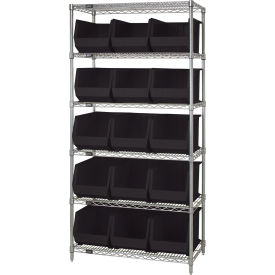Quantum WR6-260 Chrome Wire Shelving With 15 Giant Plastic Stacking Bins Black 36x18x74 WR6-260BK