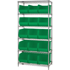 Quantum WR6-260 Chrome Wire Shelving With 15 Giant Plastic Stacking Bins Green 36x18x74 WR6-260GN