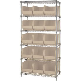 Quantum WR6-260 Chrome Wire Shelving With 15 Giant Plastic Stacking Bins Ivory 36x18x74 WR6-260IV