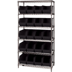 Quantum WR6-265 Chrome Wire Shelving With 20 Giant Plastic Stacking Bins Black 36x18x74 WR6-265BK
