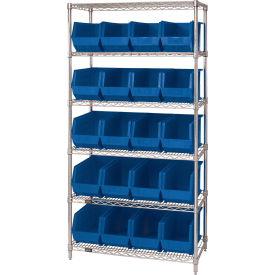 Quantum WR6-265 Chrome Wire Shelving With 20 Giant Plastic Stacking Bins Blue 36x18x74 WR6-265BL
