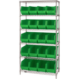 Quantum WR6-265 Chrome Wire Shelving With 20 Giant Plastic Stacking Bins Green 36x18x74 WR6-265GN