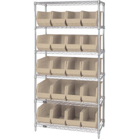 Quantum WR6-265 Chrome Wire Shelving With 20 Giant Plastic Stacking Bins Ivory 36x18x74 WR6-265IV