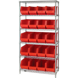 Quantum WR6-265 Chrome Wire Shelving With 20 Giant Plastic Stacking Bins Red 36x18x74 WR6-265RD