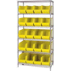 Quantum WR6-265 Chrome Wire Shelving With 20 Giant Plastic Stacking Bins Yellow 36x18x74 WR6-265YL