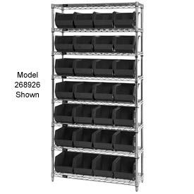 Quantum WR7-245 Chrome Wire Shelving With 24 Giant Plastic Stacking Bins Black 36x12x74 WR7-245BK