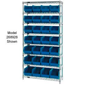 Quantum WR7-245 Chrome Wire Shelving With 24 Giant Plastic Stacking Bins Blue 36x12x74 WR7-245BL