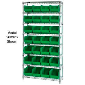 Quantum WR7-245 Chrome Wire Shelving With 24 Giant Plastic Stacking Bins Green 36x12x74 WR7-245GN