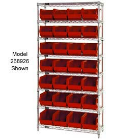 Quantum WR7-245 Chrome Wire Shelving With 24 Giant Plastic Stacking Bins Red 36x12x74 WR7-245RD