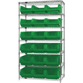 Quantum WR7-532 Chrome Shelving With 18 Magnum Giant Hopper Bins Green 18x42x74 WR7-532GN