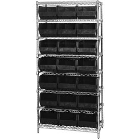 Quantum WR8-255 Chrome Wire Shelving With 21 Giant Plastic Stacking Bins Black 36x18x74 WR8-255BK