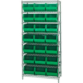 Quantum WR8-255 Chrome Wire Shelving With 21 Giant Plastic Stacking Bins Green 36x18x74 WR8-255GN